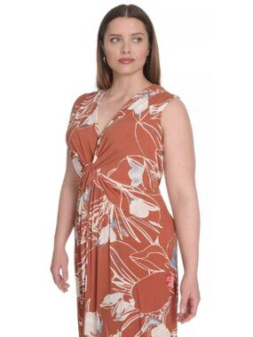 Calvin Klein CK Tan White Floral V Neck Jersey Midi Dress Formal Event Size 20